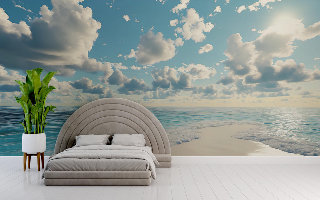Ocean Beach Wall Mural – Tranquil Sky and Sea Wallpaper – Coastal Bedroom Decor – Beach Horizon Peel and Stick Mural