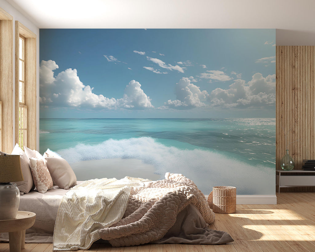 Ocean Wave Wall Mural – Tropical Beach Wallpaper – Coastal Bedroom Decor – Seaside Horizon Wall Art – Peel and Stick Wallpaper