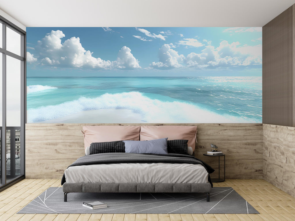 Ocean Wave Wall Mural – Tropical Beach Wallpaper – Coastal Bedroom Decor – Seaside Horizon Wall Art – Peel and Stick Wallpaper