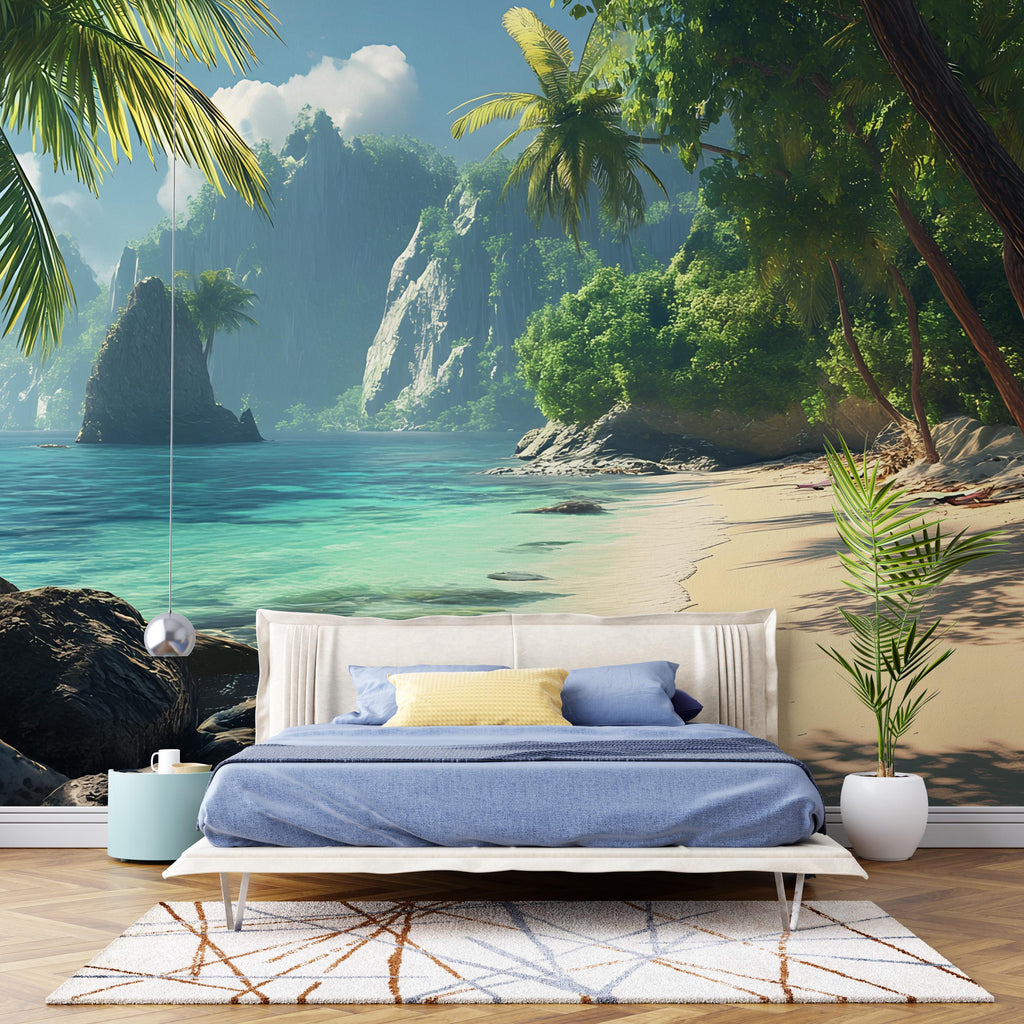 Tropical Jungle Beach Wall Mural – Coastal Rainforest Wallpaper – Paradise Ocean View Mural – Peel and Stick or Traditional Installation