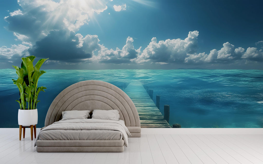 Ocean Dock Wall Mural – Tranquil Pier Wallpaper – Tropical Beach Ocean View Wall Art – Peel and Stick or Traditional Installation