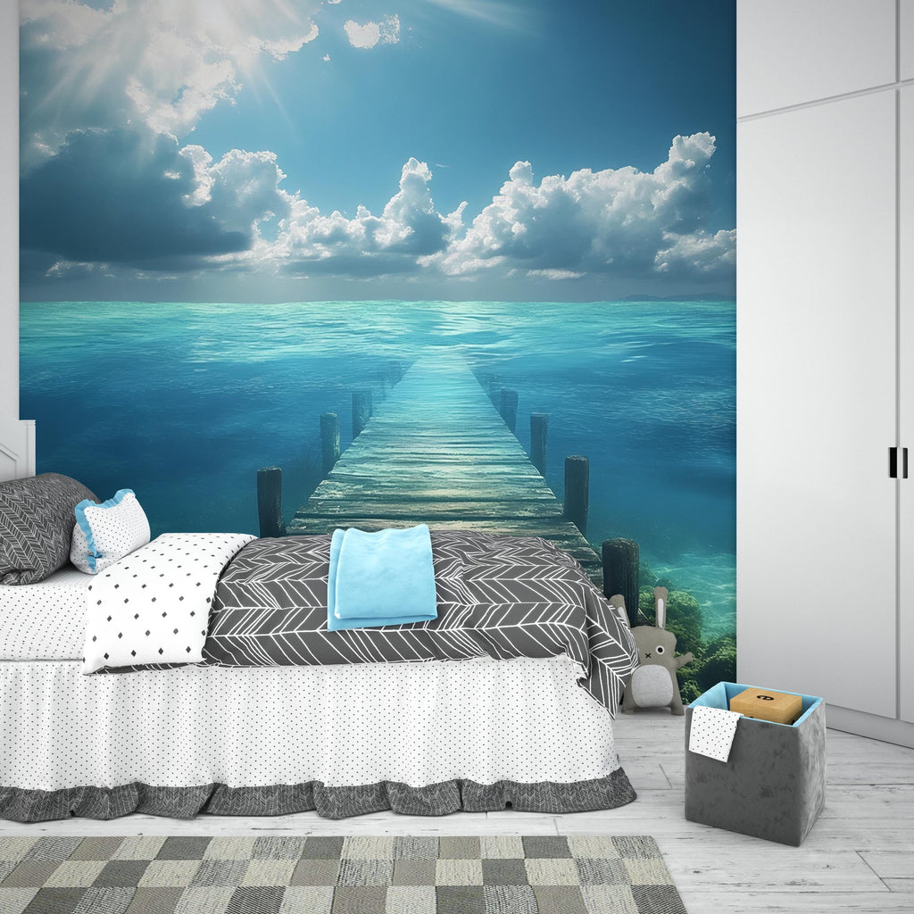 Ocean Dock Wall Mural – Tranquil Pier Wallpaper – Tropical Beach Ocean View Wall Art – Peel and Stick or Traditional Installation
