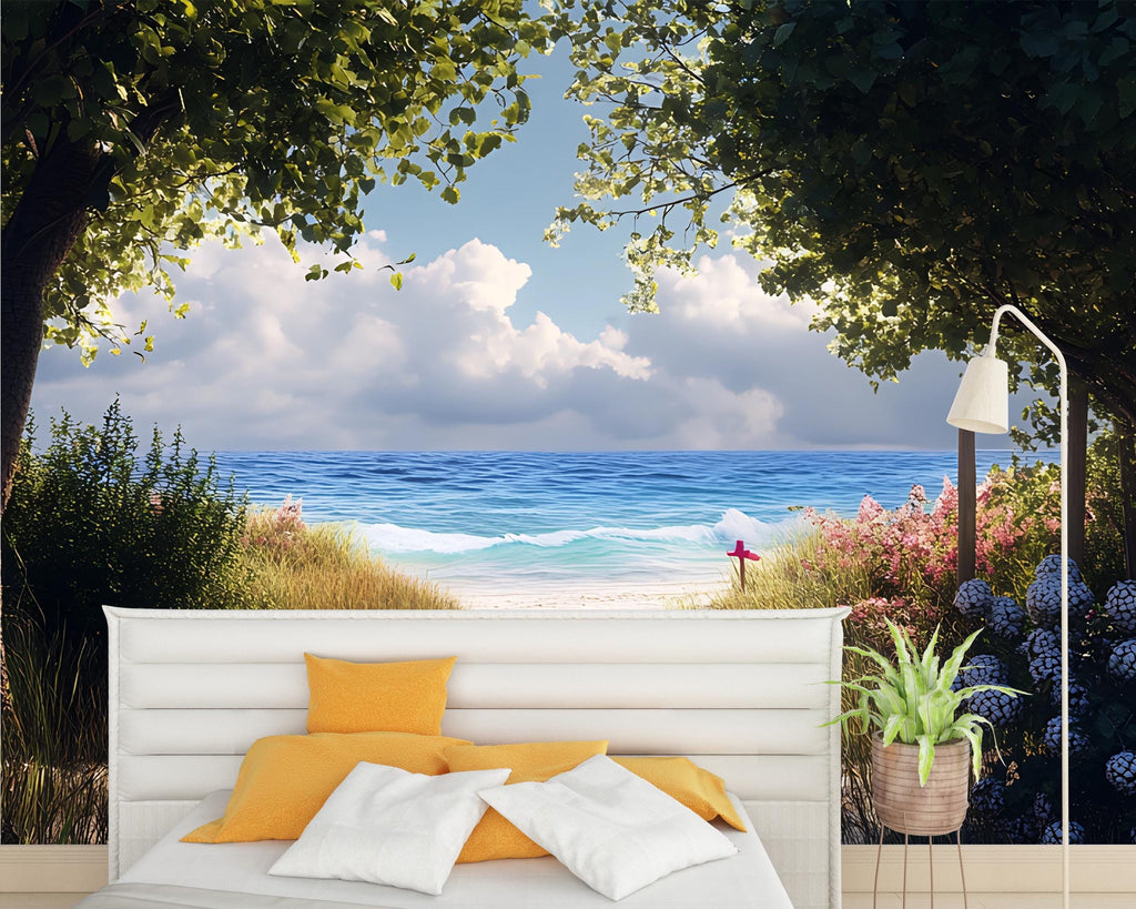 Secluded Beach Path Wall Mural – Coastal Ocean Wallpaper – Tropical Garden Walkway Decor – Bedroom Beach Theme Peel and Stick Mural