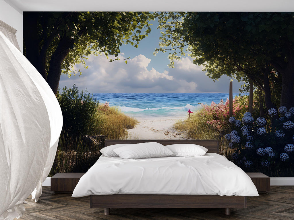 Secluded Beach Path Wall Mural – Coastal Ocean Wallpaper – Tropical Garden Walkway Decor – Bedroom Beach Theme Peel and Stick Mural