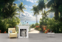 Load image into Gallery viewer, Tropical Garden Beach Wall Mural – Palm Tree Coastal Wallpaper – Summer Ocean View Wall Art – Peel and Stick or Traditional Mural
