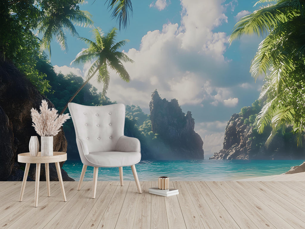 Tropical Hidden Cove Wall Mural – Beach and Ocean View Wallpaper – Peel and Stick or Traditional Coastal Mural – Paradise Wall Art Decor