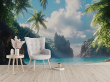Load image into Gallery viewer, Tropical Hidden Cove Wall Mural – Beach and Ocean View Wallpaper – Peel and Stick or Traditional Coastal Mural – Paradise Wall Art Decor