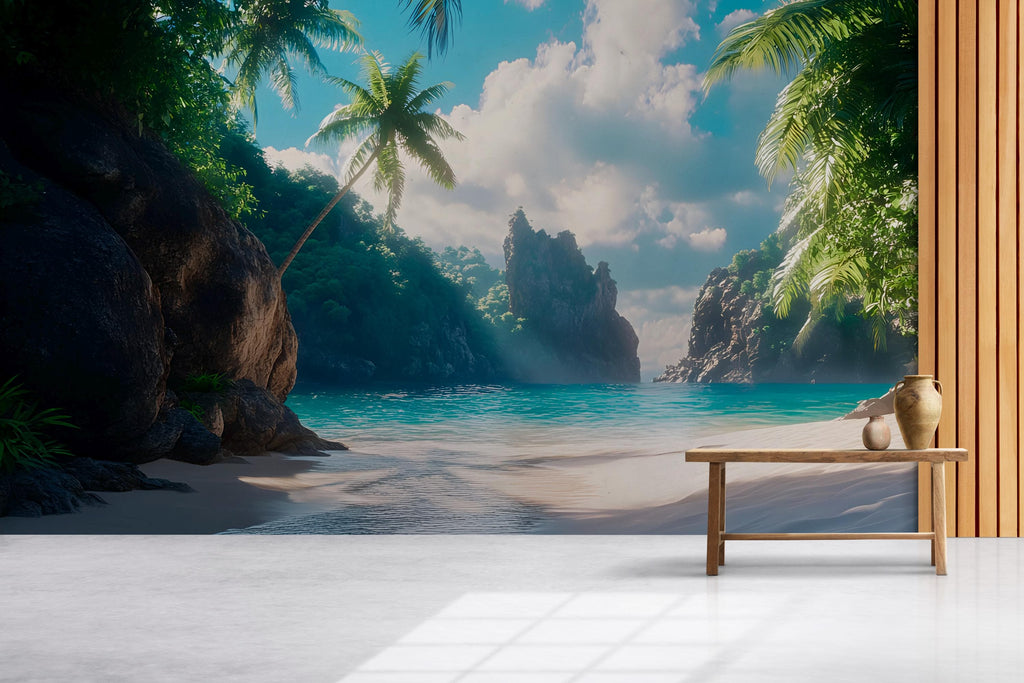 Tropical Hidden Cove Wall Mural – Beach and Ocean View Wallpaper – Peel and Stick or Traditional Coastal Mural – Paradise Wall Art Decor
