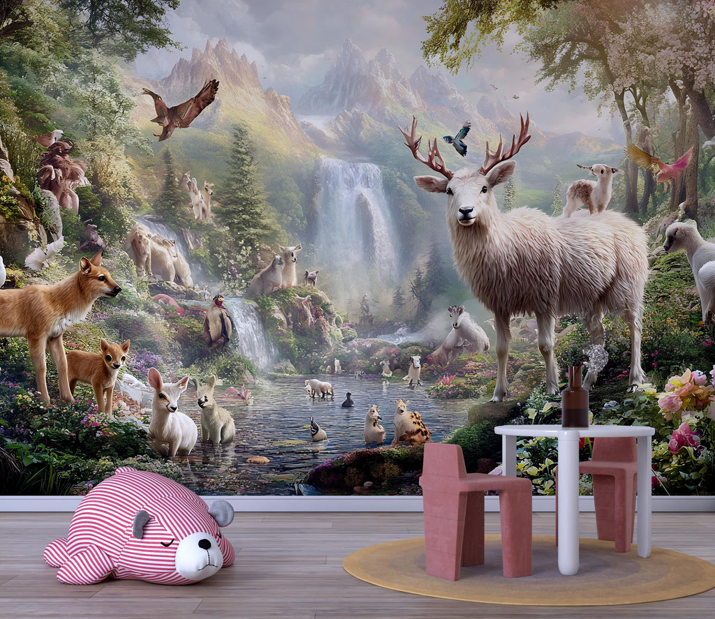 Fantasy Forest Animal Wall Mural – Woodland Nursery Wallpaper – Peel and Stick or Non-Woven – Kids Room Nature Wall Decor