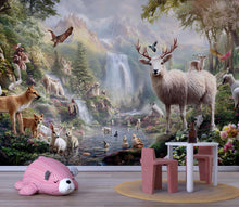 Load image into Gallery viewer, Fantasy Forest Animal Wall Mural – Woodland Nursery Wallpaper – Peel and Stick or Non-Woven – Kids Room Nature Wall Decor