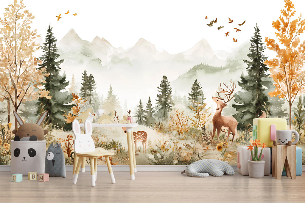Woodland Deer Nursery Wall Mural - Peel and Stick Forest Wallpaper - Baby Boy Room Decor - Mountain Landscape Mural - Kids Room Wall Art