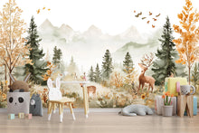 Load image into Gallery viewer, Woodland Deer Nursery Wall Mural - Peel and Stick Forest Wallpaper - Baby Boy Room Decor - Mountain Landscape Mural - Kids Room Wall Art
