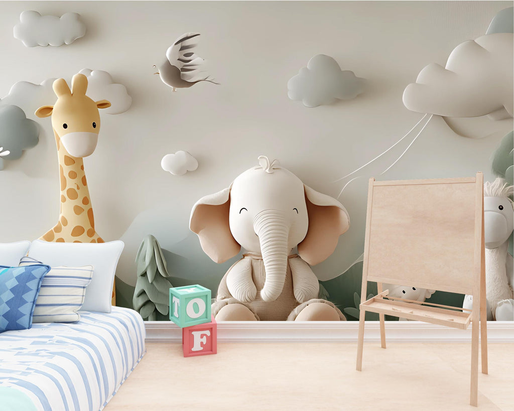 3D Jungle Animal Nursery Wall Mural – Giraffe Elephant Lamb Baby Room Wallpaper – Peel and Stick or Traditional Wall Art for Kids Room