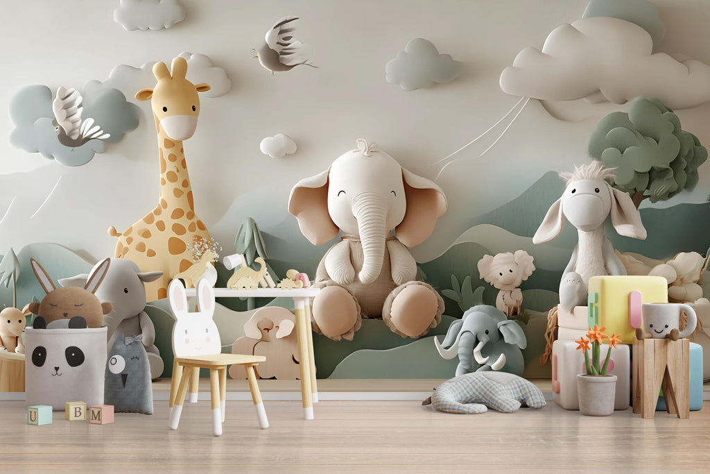 3D Jungle Animal Nursery Wall Mural – Giraffe Elephant Lamb Baby Room Wallpaper – Peel and Stick or Traditional Wall Art for Kids Room