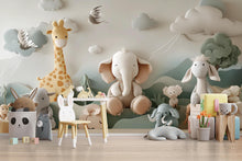 Load image into Gallery viewer, 3D Jungle Animal Nursery Wall Mural – Giraffe Elephant Lamb Baby Room Wallpaper – Peel and Stick or Traditional Wall Art for Kids Room