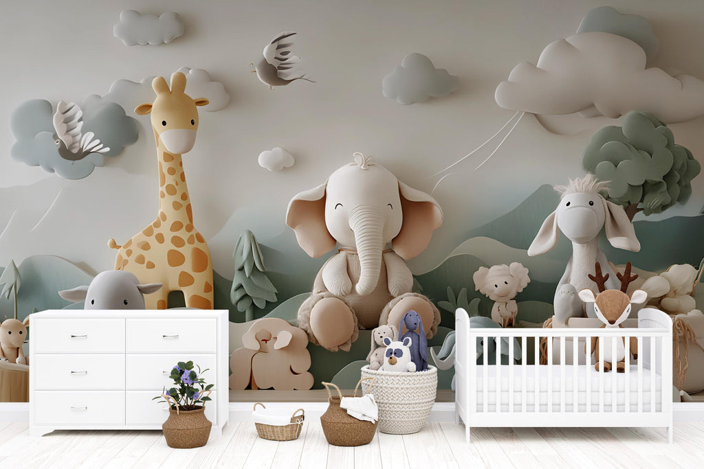 3D Jungle Animal Nursery Wall Mural – Giraffe Elephant Lamb Baby Room Wallpaper – Peel and Stick or Traditional Wall Art for Kids Room