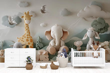 Load image into Gallery viewer, 3D Jungle Animal Nursery Wall Mural – Giraffe Elephant Lamb Baby Room Wallpaper – Peel and Stick or Traditional Wall Art for Kids Room