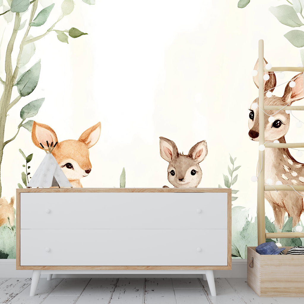 Woodland Animal Nursery Wall Mural – Baby Deer and Bunny Wallpaper – Peel and Stick or Traditional Wall Art for Nursery or Playroom