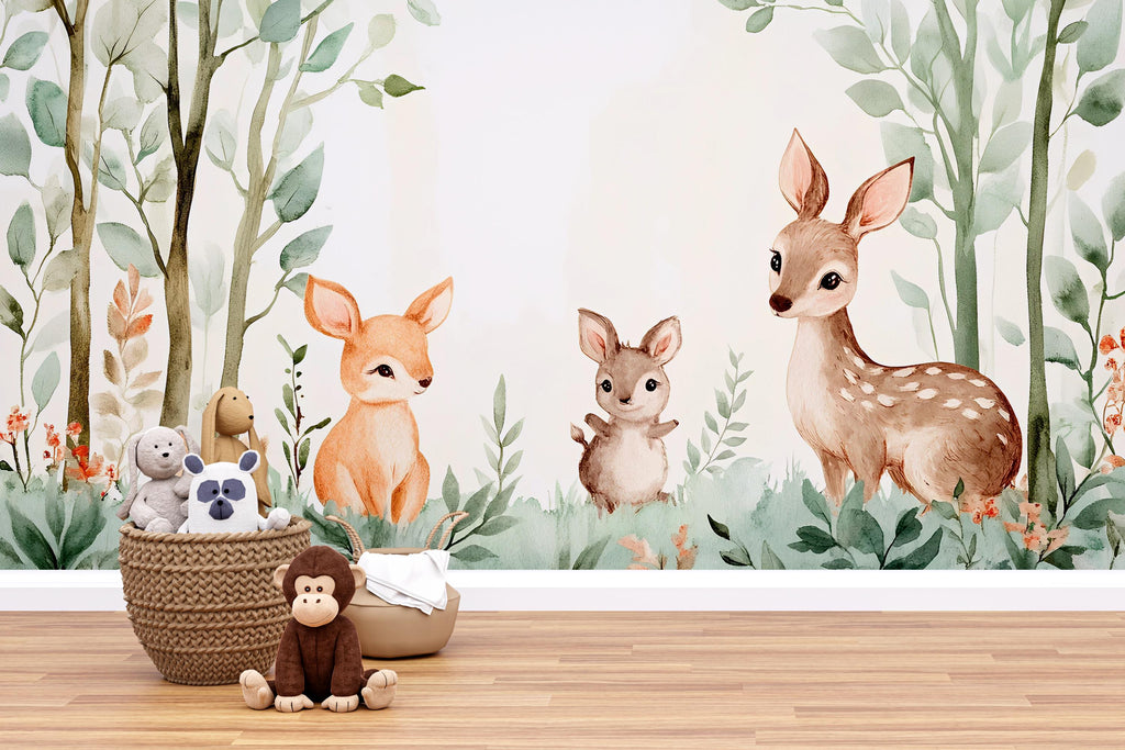 Woodland Animal Nursery Wall Mural – Baby Deer and Bunny Wallpaper – Peel and Stick or Traditional Wall Art for Nursery or Playroom
