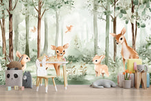 Load image into Gallery viewer, Baby Deer Forest Wall Mural – Woodland Animals Nursery Wallpaper – Peel and Stick or Traditional Kids Room Wall Art