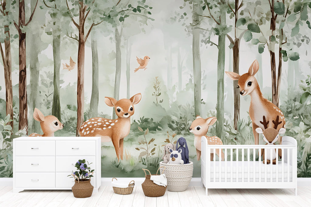 Baby Deer Forest Wall Mural – Woodland Animals Nursery Wallpaper – Peel and Stick or Traditional Kids Room Wall Art