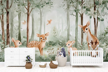 Load image into Gallery viewer, Baby Deer Forest Wall Mural – Woodland Animals Nursery Wallpaper – Peel and Stick or Traditional Kids Room Wall Art