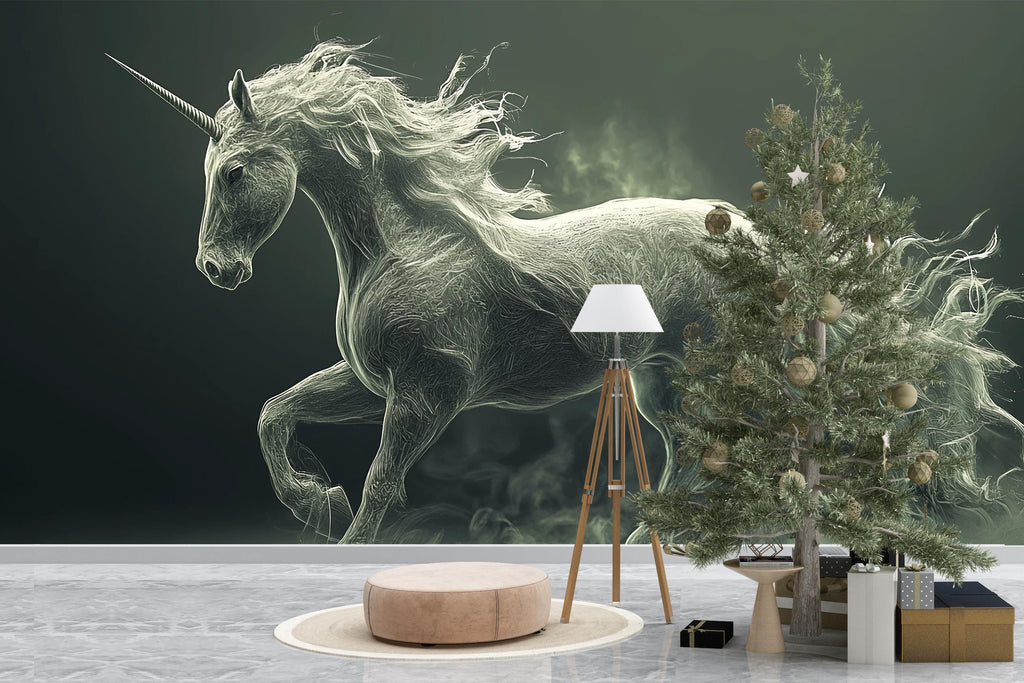 Dark Fantasy Unicorn Wall Mural – Mystical Horse Wallpaper – Peel and Stick or Non-Woven Gothic Art for Home, Office or Studio Decor