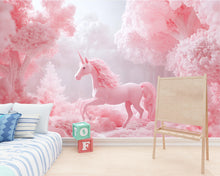 Load image into Gallery viewer, Pink Unicorn Wall Mural – Fantasy Forest Wallpaper for Girls Bedroom or Nursery – Peel and Stick or Non-Woven Dreamy Decor