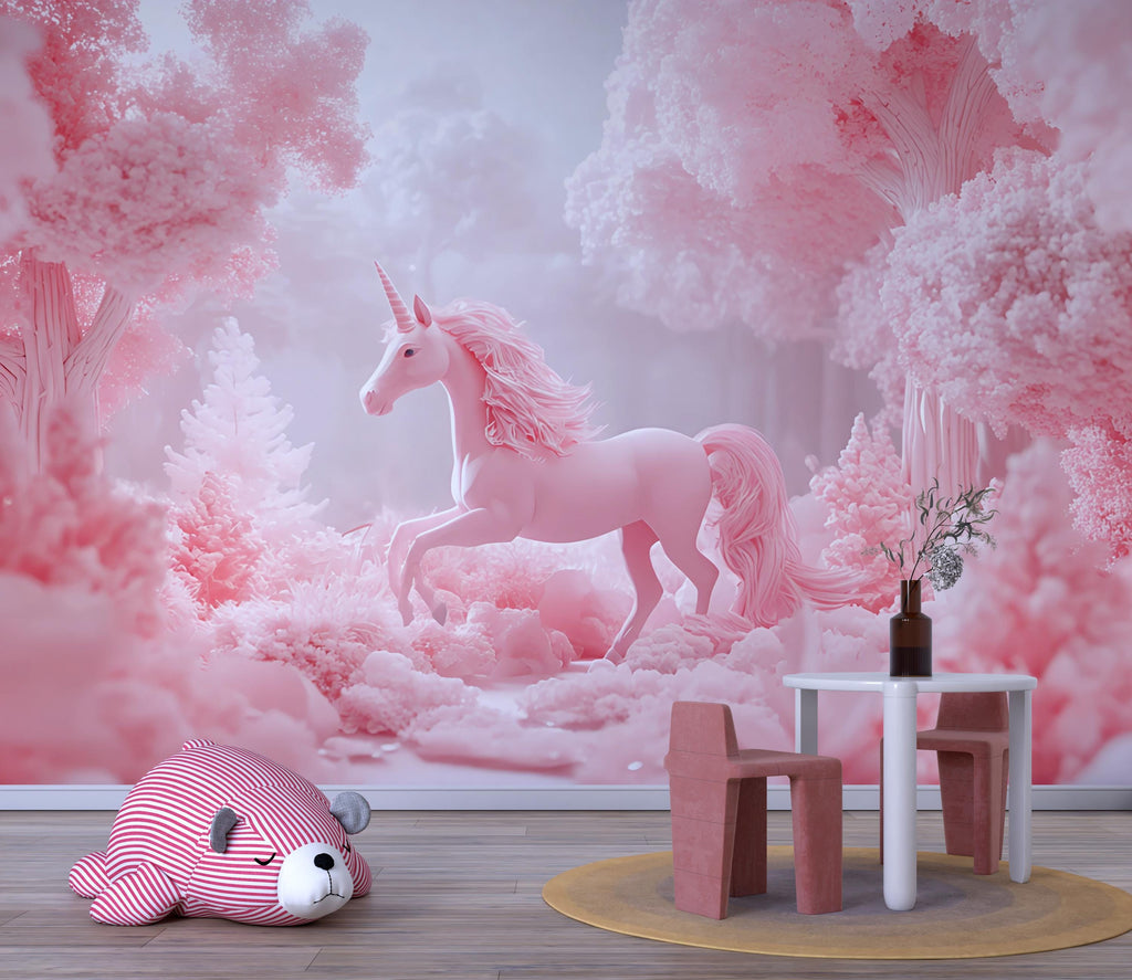 Pink Unicorn Wall Mural – Fantasy Forest Wallpaper for Girls Bedroom or Nursery – Peel and Stick or Non-Woven Dreamy Decor