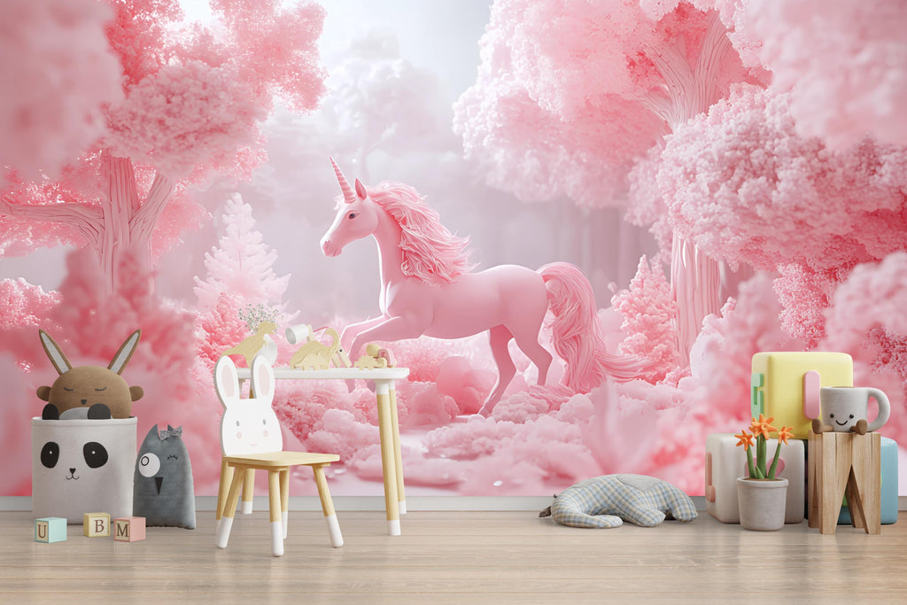 Pink Unicorn Wall Mural – Fantasy Forest Wallpaper for Girls Bedroom or Nursery – Peel and Stick or Non-Woven Dreamy Decor