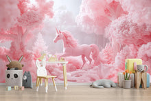Load image into Gallery viewer, Pink Unicorn Wall Mural – Fantasy Forest Wallpaper for Girls Bedroom or Nursery – Peel and Stick or Non-Woven Dreamy Decor