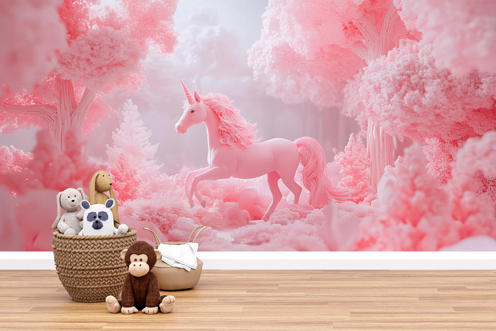 Pink Unicorn Wall Mural – Fantasy Forest Wallpaper for Girls Bedroom or Nursery – Peel and Stick or Non-Woven Dreamy Decor