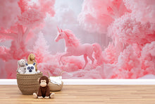 Load image into Gallery viewer, Pink Unicorn Wall Mural – Fantasy Forest Wallpaper for Girls Bedroom or Nursery – Peel and Stick or Non-Woven Dreamy Decor