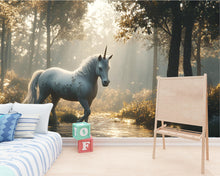 Load image into Gallery viewer, Mystical Forest Unicorn Wall Mural – Fantasy Wallpaper for Kids Room or Nursery – Peel and Stick or Non-Woven Custom Decor