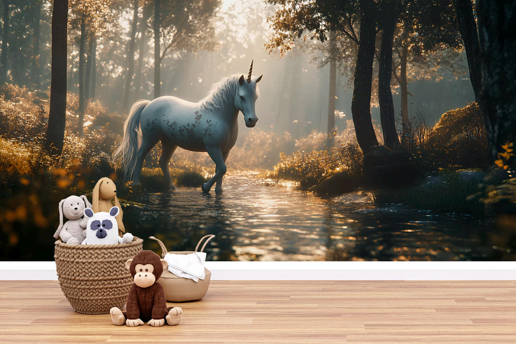 Mystical Forest Unicorn Wall Mural – Fantasy Wallpaper for Kids Room or Nursery – Peel and Stick or Non-Woven Custom Decor
