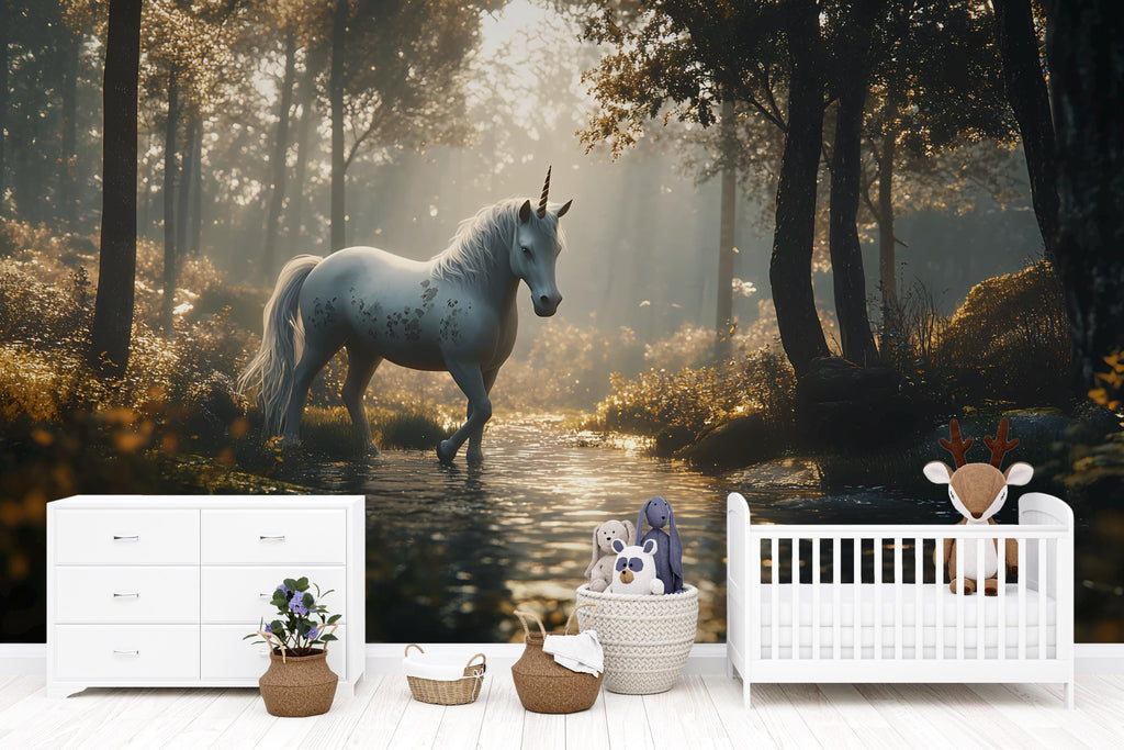 Mystical Forest Unicorn Wall Mural – Fantasy Wallpaper for Kids Room or Nursery – Peel and Stick or Non-Woven Custom Decor