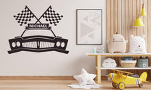 Load image into Gallery viewer, Racing Flag Car Wall Decal Highway Vinyl Sticker Personalized Name Wall Decor Kids Playroom Boys Room Wall Art Bedroom Mural Sticker 660LU