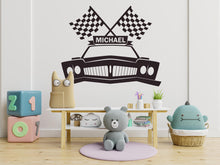 Load image into Gallery viewer, Racing Flag Car Wall Decal Highway Vinyl Sticker Personalized Name Wall Decor Kids Playroom Boys Room Wall Art Bedroom Mural Sticker 660LU