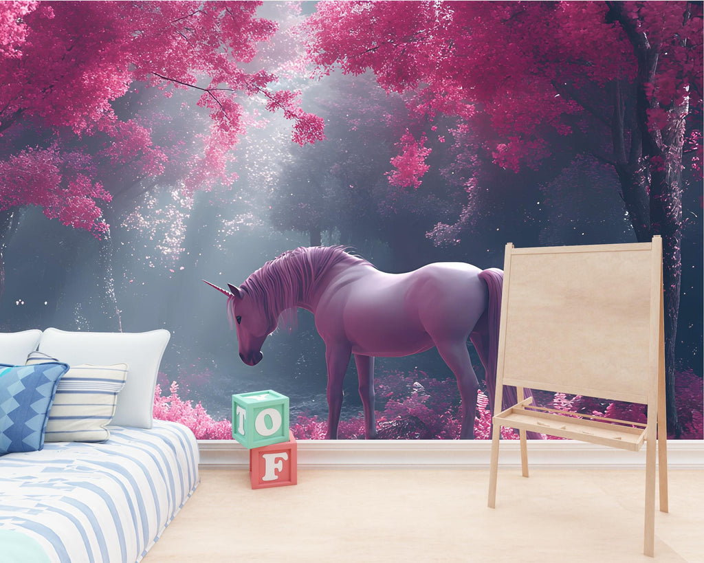 Pink Unicorn Wall Mural – Fantasy Forest Wallpaper for Kids Room, Magical Peel and Stick Mural, Girl's Nursery Wall Art