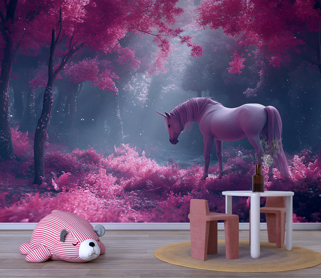 Pink Unicorn Wall Mural – Fantasy Forest Wallpaper for Kids Room, Magical Peel and Stick Mural, Girl's Nursery Wall Art