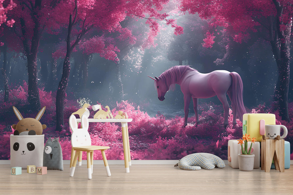 Pink Unicorn Wall Mural – Fantasy Forest Wallpaper for Kids Room, Magical Peel and Stick Mural, Girl's Nursery Wall Art