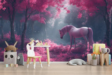 Load image into Gallery viewer, Pink Unicorn Wall Mural – Fantasy Forest Wallpaper for Kids Room, Magical Peel and Stick Mural, Girl's Nursery Wall Art