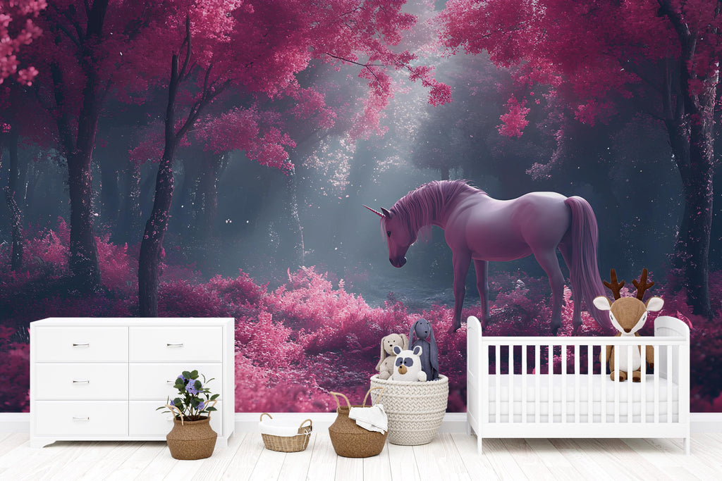 Pink Unicorn Wall Mural – Fantasy Forest Wallpaper for Kids Room, Magical Peel and Stick Mural, Girl's Nursery Wall Art