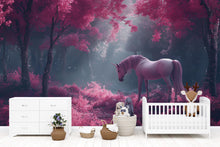 Load image into Gallery viewer, Pink Unicorn Wall Mural – Fantasy Forest Wallpaper for Kids Room, Magical Peel and Stick Mural, Girl's Nursery Wall Art