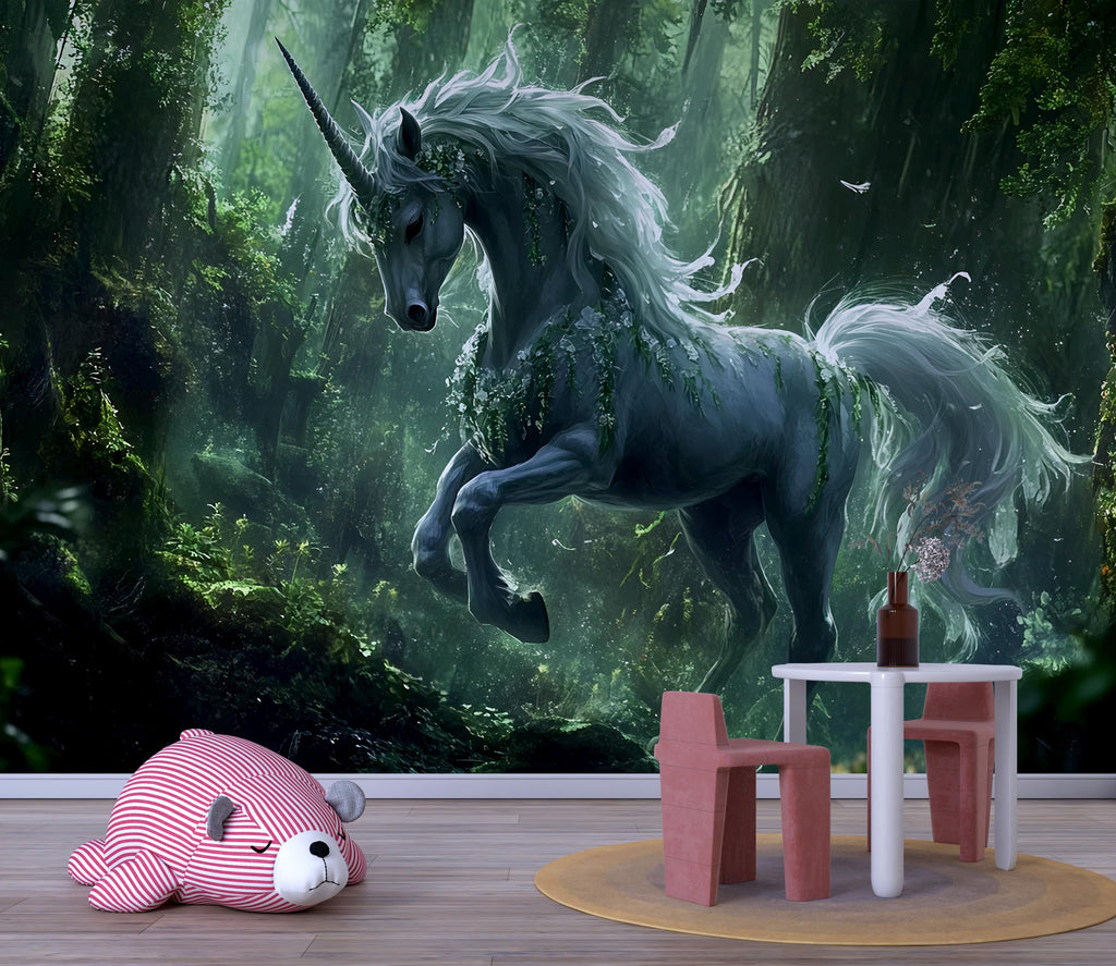 Majestic Unicorn Forest Wall Mural – Fantasy Kids Room Wallpaper – Peel and Stick or Non-Woven Mural – Magical Nursery Decor