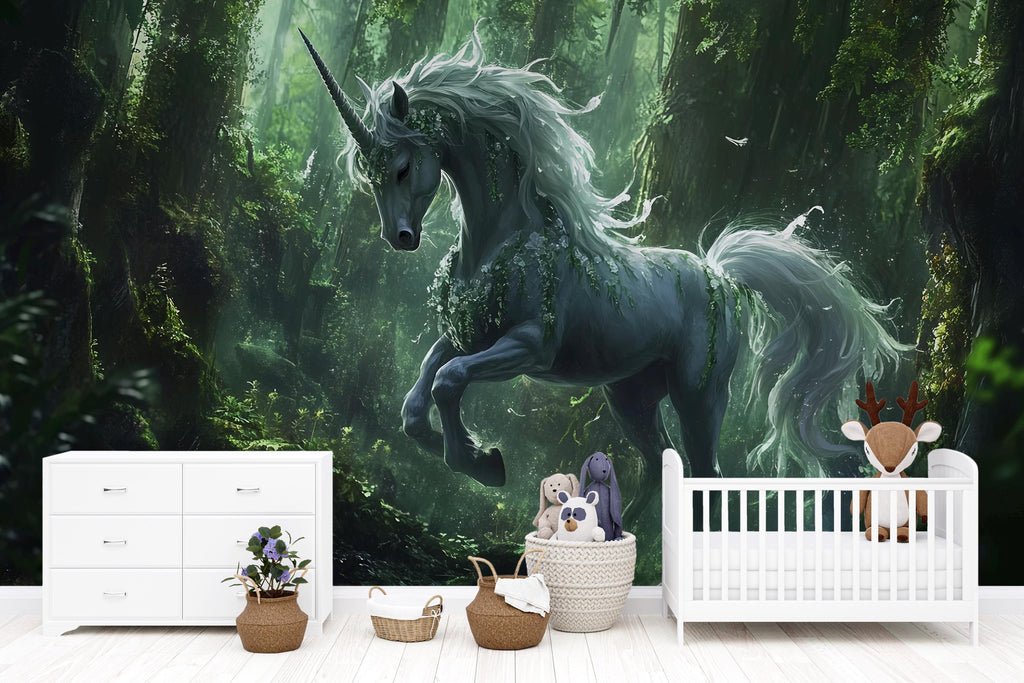 Majestic Unicorn Forest Wall Mural – Fantasy Kids Room Wallpaper – Peel and Stick or Non-Woven Mural – Magical Nursery Decor