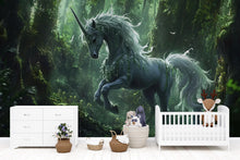 Load image into Gallery viewer, Majestic Unicorn Forest Wall Mural – Fantasy Kids Room Wallpaper – Peel and Stick or Non-Woven Mural – Magical Nursery Decor