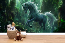 Load image into Gallery viewer, Majestic Unicorn Forest Wall Mural – Fantasy Kids Room Wallpaper – Peel and Stick or Non-Woven Mural – Magical Nursery Decor
