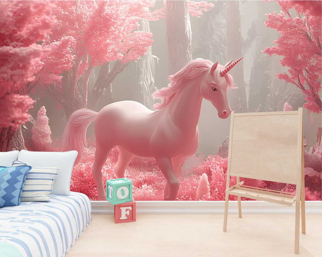 Pink Unicorn Wall Mural – Fantasy Girls Room Wallpaper – Magical Pink Forest Mural – Peel and Stick or Non-Woven – Nursery Decor Art