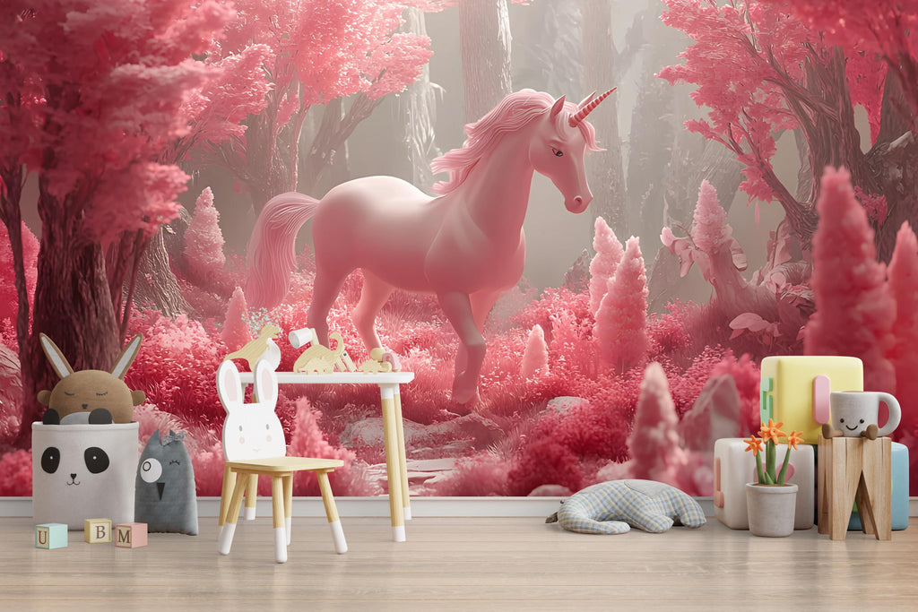 Pink Unicorn Wall Mural – Fantasy Girls Room Wallpaper – Magical Pink Forest Mural – Peel and Stick or Non-Woven – Nursery Decor Art